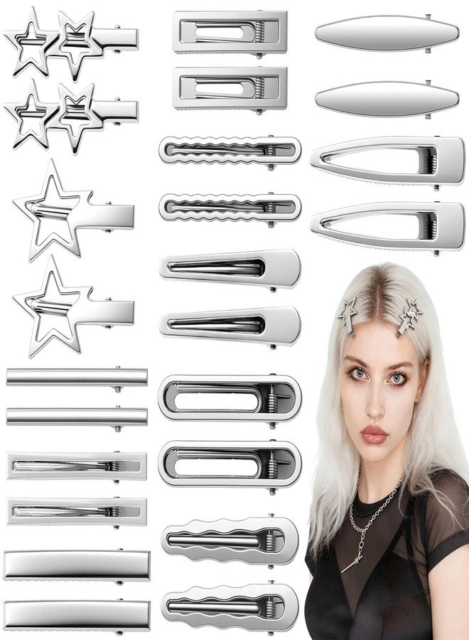 OIIKI 24pcs Silver Y2K Hair Clips, 12 Style Metal Alligator Clips Barrettes for Women, Non-Slip 2000s Star Hairclips Cool Hair Accessories for Thin Thick Straight Curle Hairstyles - Image 1